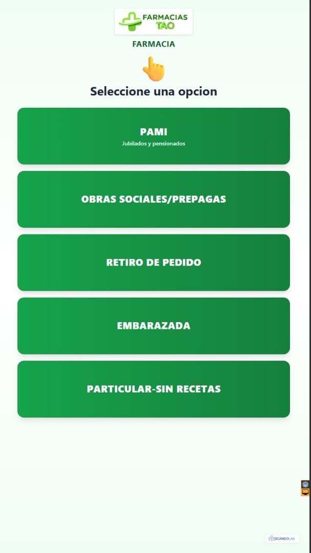 Tótem de autoservicio de TurnFlow: el cliente elige su categoría (PAMI, obras sociales, embarazada, particular) con un toque